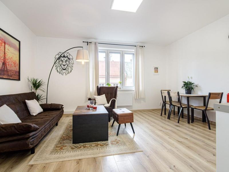 Bright living room with sofa, dining table and kitchen